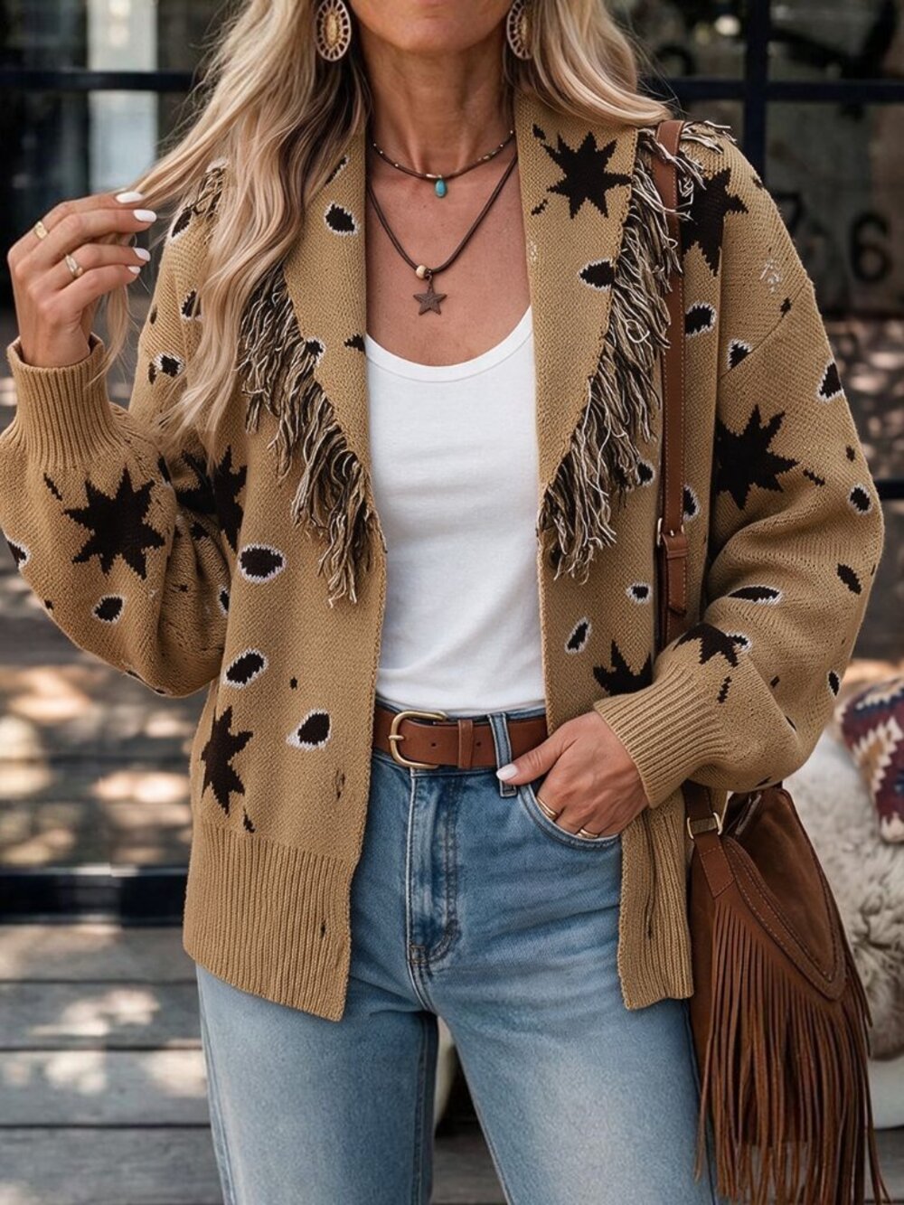 Brown Casual Women's Vacation Tassel Decor Cardigan